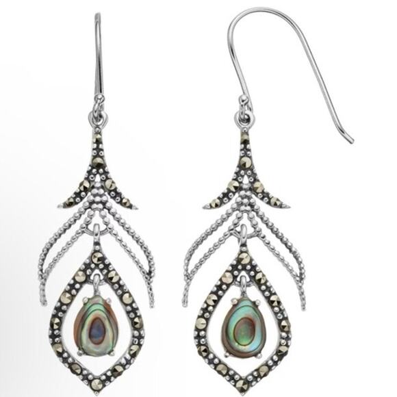 Tori Hill 925 Sterling‎ Silver Abalone & Marcasite Dangle Feather Earrings - Picture 2 of 8